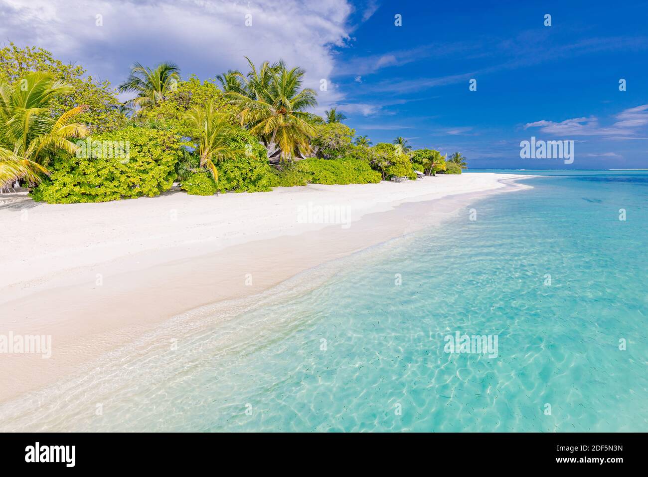 Belle plage et mer tropicale. Magnifique nature de plage, paysages des Maldives, vue parfaite sur le paysage exotique, sable blanc et ciel bleu. Complexe de luxe Banque D'Images