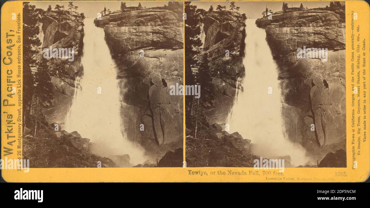 Yowiye, ou le Nevada Fall and Pool, 700 pieds, Yosmite Valley, Mariposa Co., image fixe, stéréographes, 1861 - 1873, Watkins, Carleton E. (1829-1916 Banque D'Images