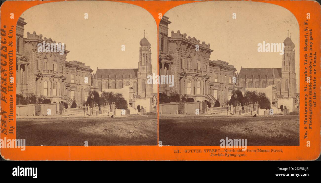 Sutter Street, North Side, de Mason Street, Jewish Synagogue., image fixe, stéréographes, 1866 - 1874, Thomas Houséworth & Co Banque D'Images