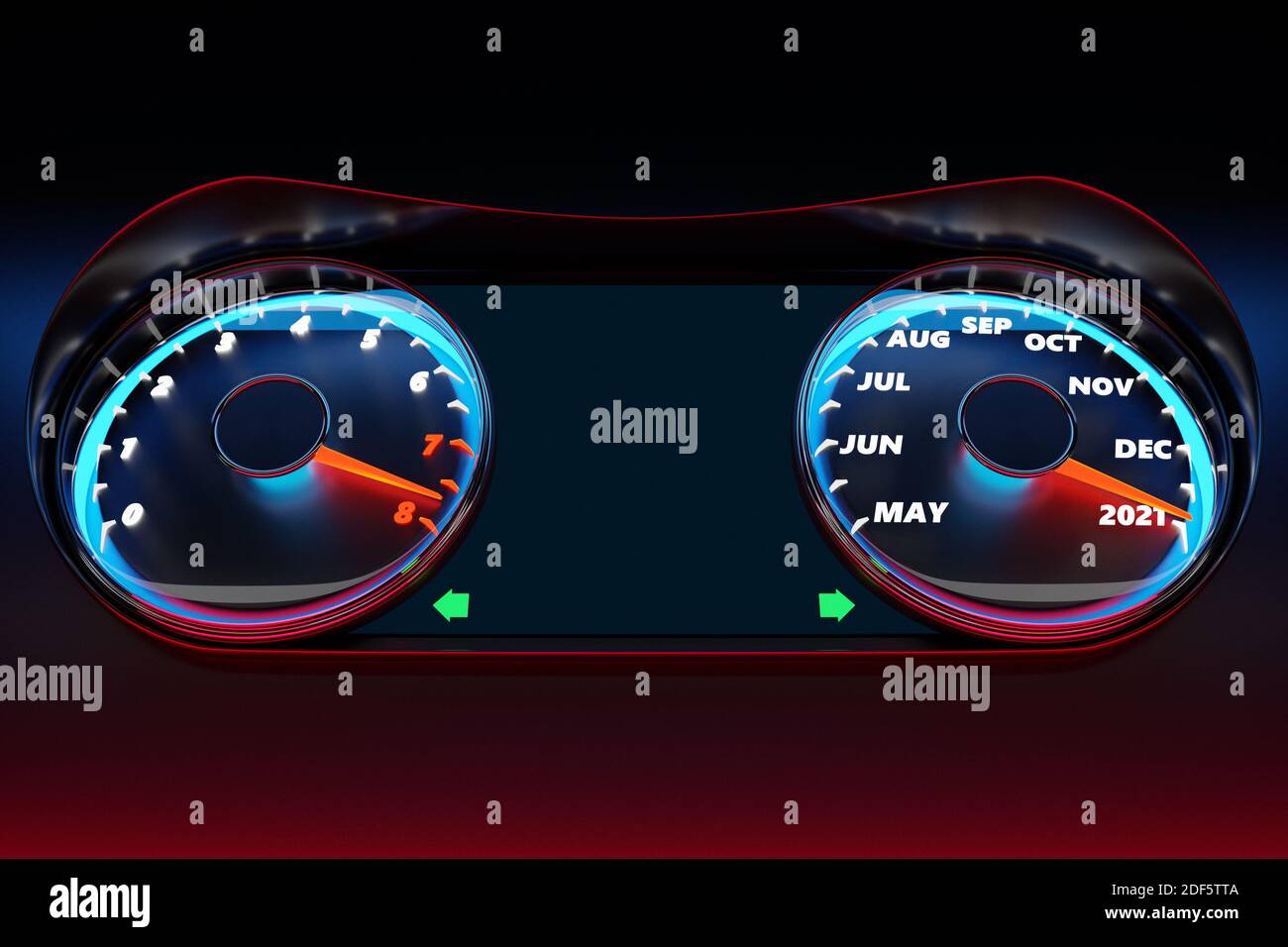 Illustration 3D gros plan compteur de vitesse noir avec coupures 2020,2021 et mois civils. Le concept de la nouvelle année et de Noël dans la fie automobile Banque D'Images