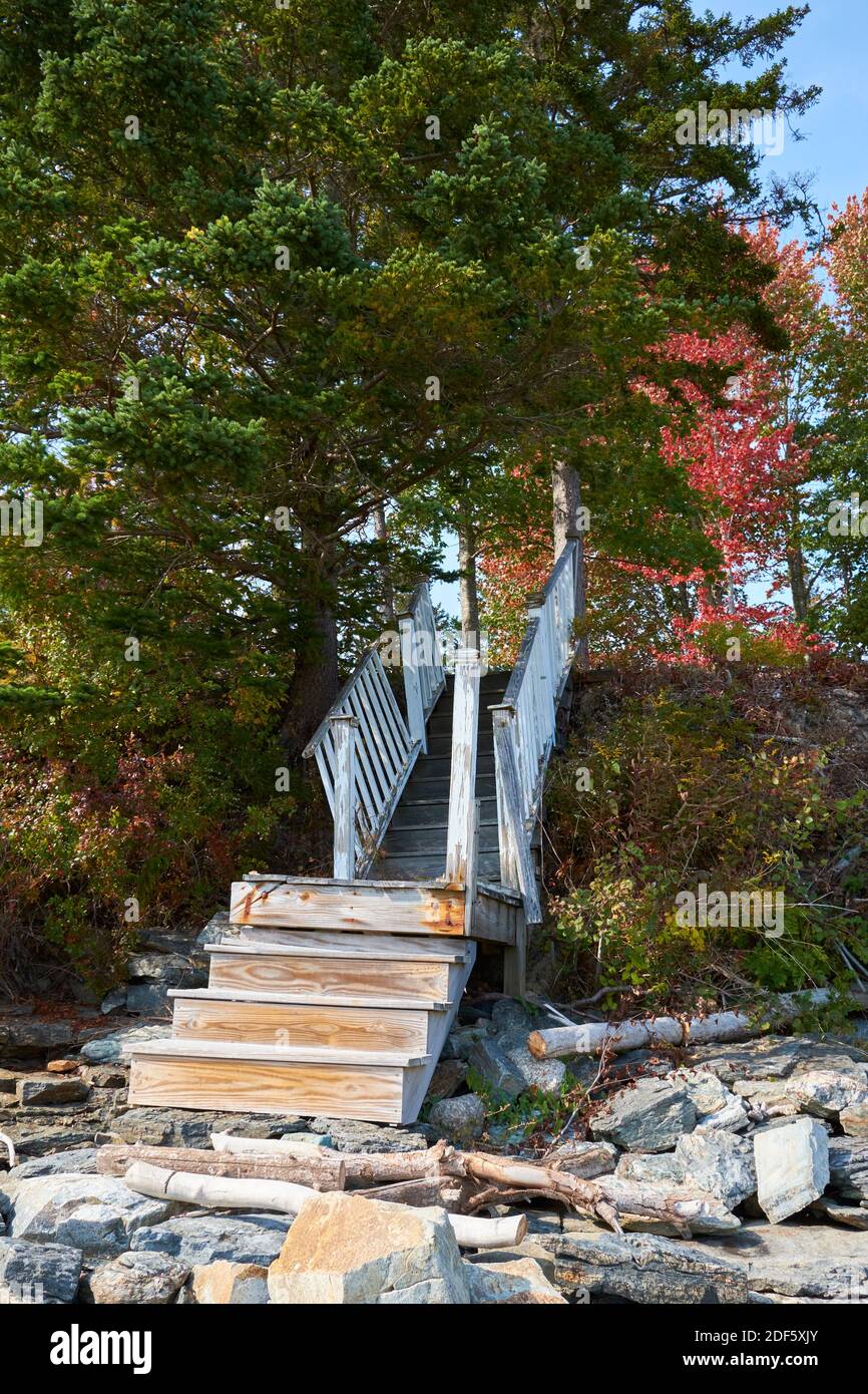 Un ensemble de marches en bois cassées et endommagées mène à la plage rocheuse de Carryover sur la route de Newbury Neck à Surry, Maine. Banque D'Images