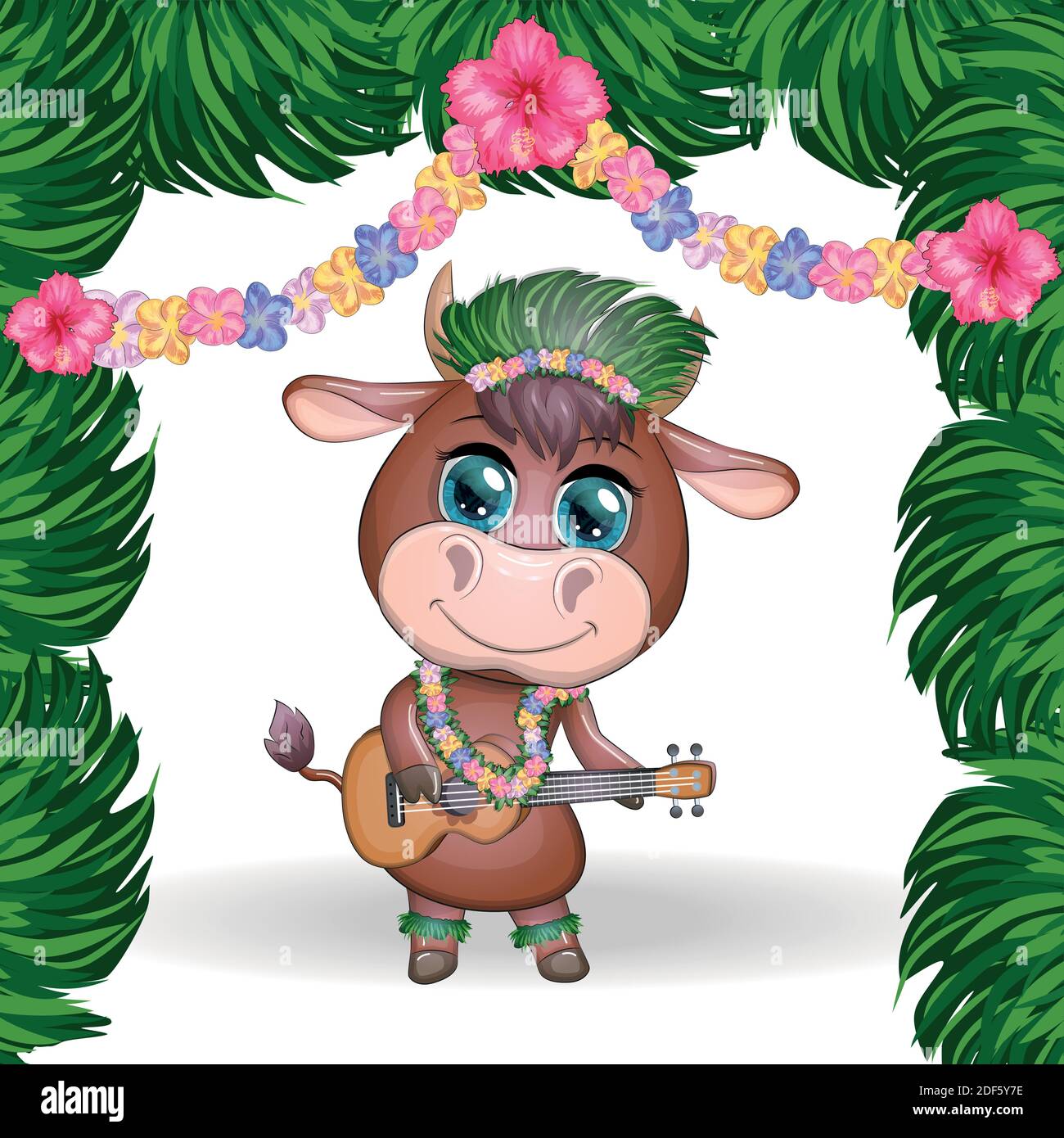 Mignon taureau de dessin animé, vache avec de beaux yeux, danseur hawaïen hula personnage avec ukulele guitare parmi les feuilles, fleurs. Tropical nouvel an Chinois mignon b Illustration de Vecteur