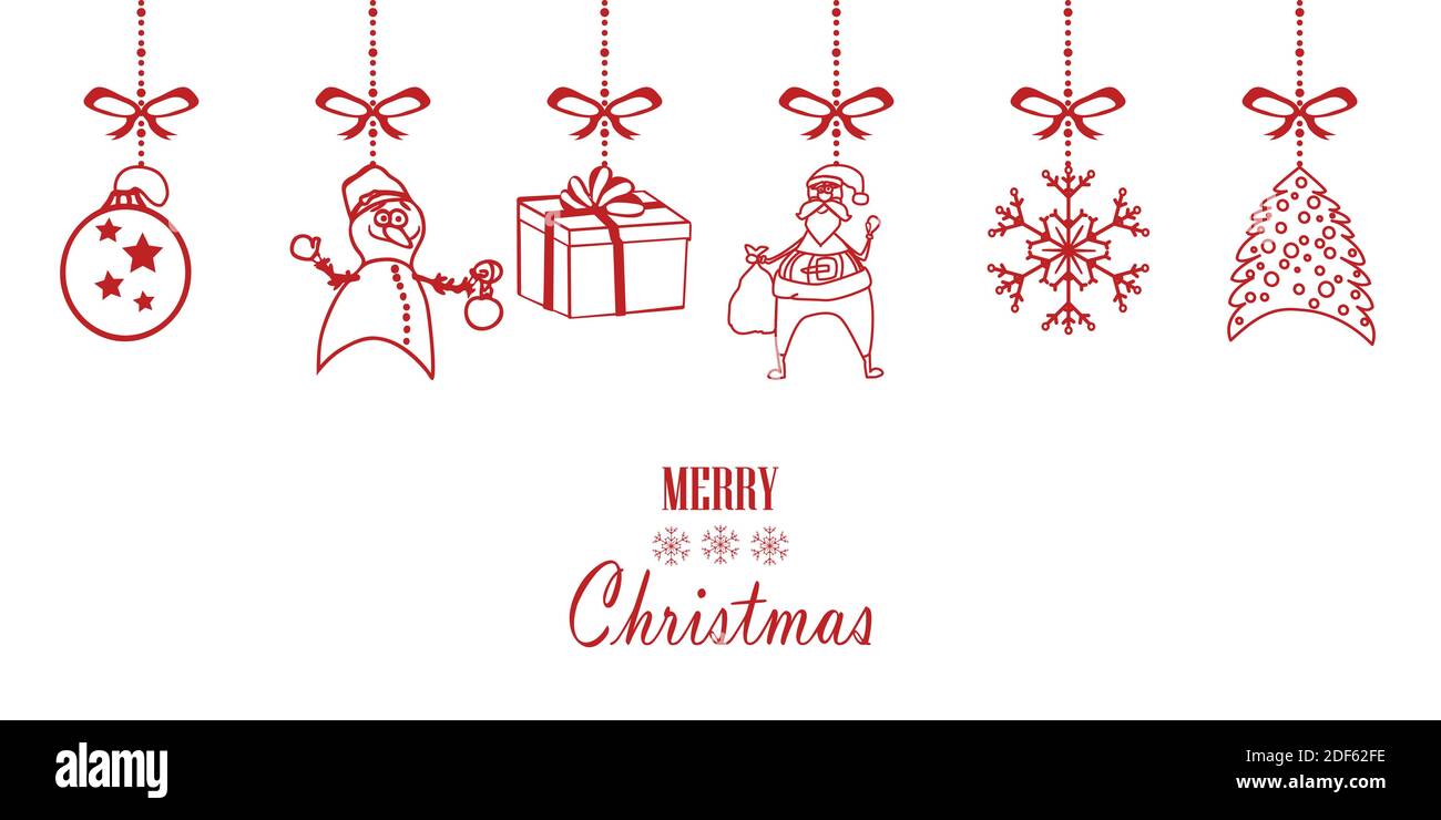 Ensemble de décorations de Noël suspendues sur fond blanc. Bannière, bordure, cadre avec père Noël, bonhomme de neige, boîte-cadeau, sapin, flocon de neige et espace de copie. Vecteur Illustration de Vecteur
