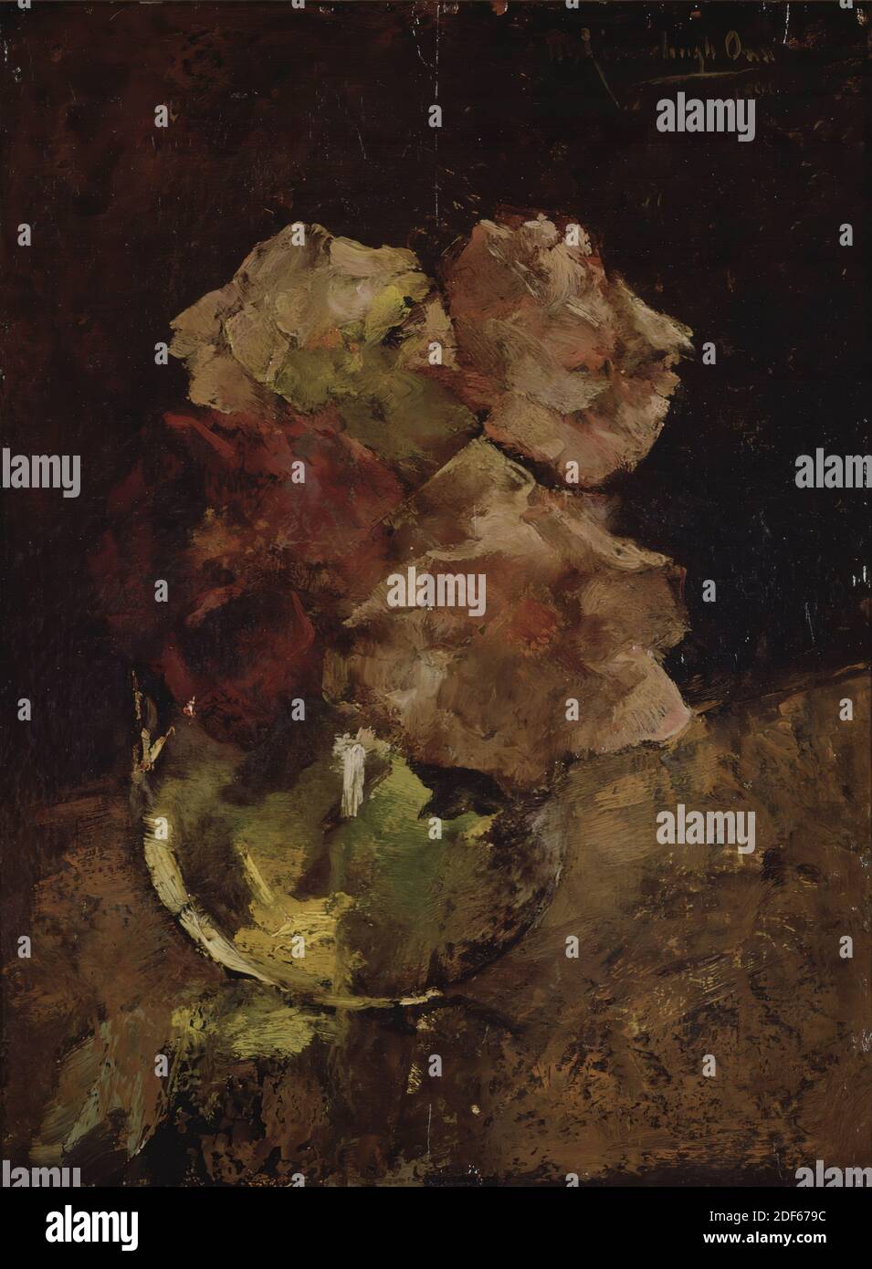 Peinture, Menso Kamerlingh Onnes, 1890, Signature avant, en haut à droite: M. Kamerlingh Onnes 1890, panneau, peinture à l'huile, peint, général (dimensions selon le catalogue 1983): 46 x 35cm (460 x 350mm), avec cadre: 61.5 × 50 , 2 × 5,3cm (615 × 502 × 53mm), vie fixe, rose, Fleur vie fixe avec des roses. Dans un vase en verre, placé sur fond marron, il y a trois roses et une rose rouge foncé. L'arrière-plan est marron à vert-noir. Signé en haut à droite. La peinture est dans un cadre en bois laqué avec un bord intérieur doré, 1952 Banque D'Images