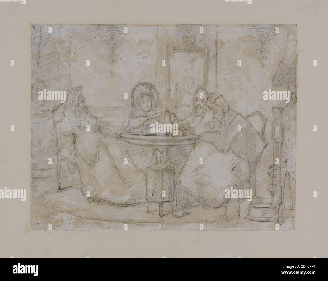 Dessin, Alexander Hugo Bakker Korff, ca.1865, gouache, crayon, papier, signé, porteur: 20.7 x 26,7 cm (207 x 267 mm), lumière du jour: 21.5 x 27,5 cm (215 x 275 mm), avec passe-partie: 30 x 42,5 cm (300 x 425 mm), chat, chaise, lecture, femme, boisson, intérieur, table, dessin avec crayon et gouache blanc, représentant quatre dames à la table basse. Devant un mur avec de larges panneaux, contre lequel est suspendu un miroir Louis XVI, quatre dames sont assis derrière une table ronde avec des ustensiles de café. À l'extrême gauche, une vieille dame tourna les trois quarts vers la droite, portant une casquette en dentelle et une grande robe. Au centre, vue de Banque D'Images