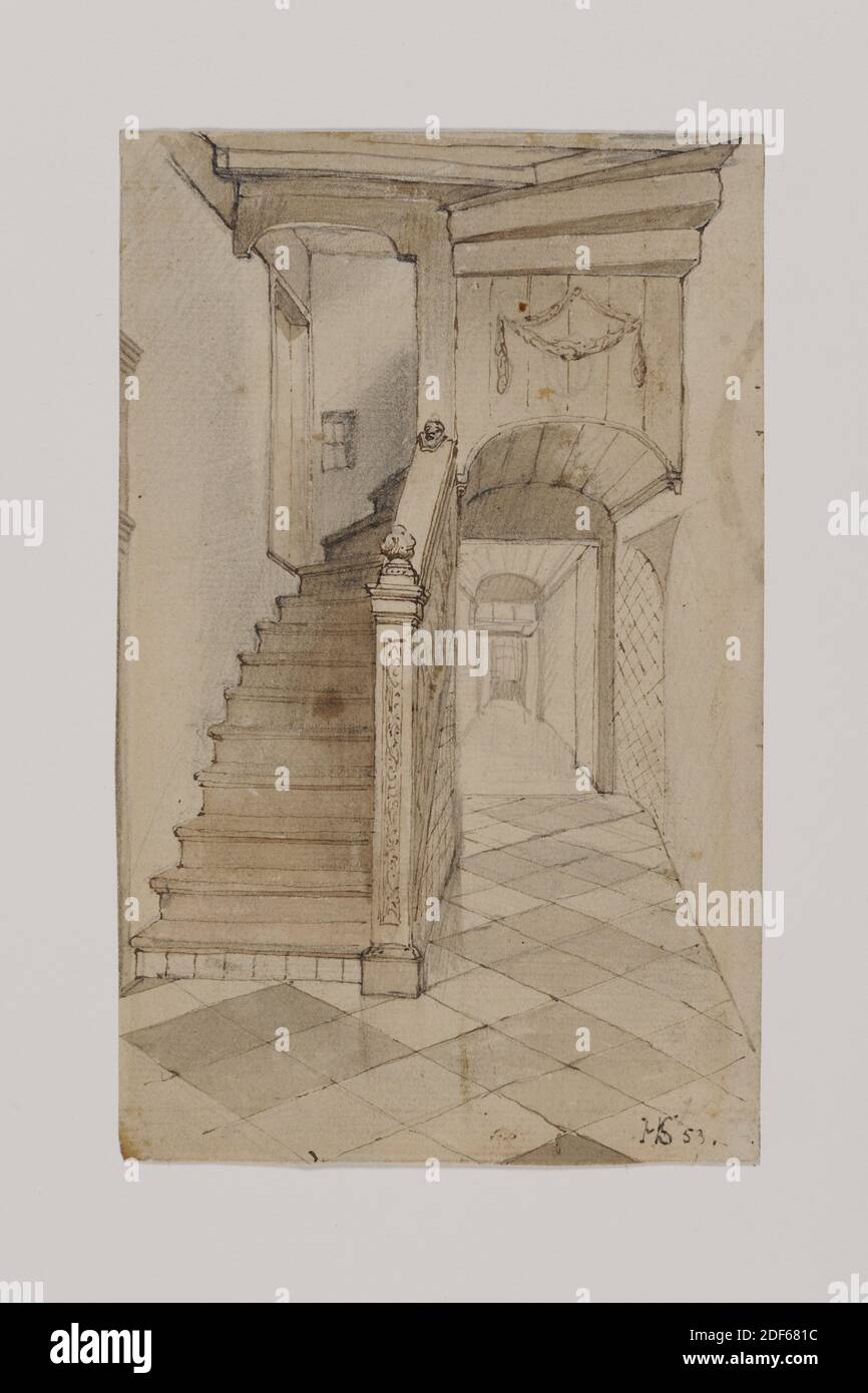 Dessin, Hendricus Johannes Scheeres, 1853, Signature avant, en bas à droite: HS 53, crayon, encre, papier, signé, porteur: 15.5 x 9.6cm (155 x 96mm), taille du jour: 15.7 x 10cm (157 x 100mm) , avec passe-partie: 42.5 x 30cm (425 x 300mm), intérieur, stylo délavé, dessin dans des tons bruns avec une image des escaliers et du couloir dans la maison de Lakenhal. Il y a des carreaux carrés dans le couloir. Signé à l'encre en bas à droite et daté du 1948 Banque D'Images