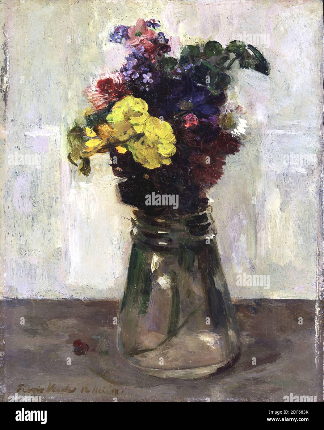 Peinture, Floris Verster, 18 mai 1919, Signature avant, en bas à gauche: Floris Verster 18 mai '19, panneau, peinture à l'huile, peint, porteur: 20.3 × 16.3 × 2cm (203 × 163 × 20mm), avec cadre: 33.8 × 28.3 × 1.8cm (338 × 283 × 18mm), encore vie, fleur, encore vie avec fleurs. Dans un vase en verre sont un certain nombre de fleurs de printemps. Les couleurs jaune, bleu et rose prédominent. Le vase se trouve sur un fond sombre et est représenté sur un fond clair. Signé en bas à gauche. La peinture est dans un cadre en bois de couleur or avec un bord intérieur peint en blanc, 1957 Banque D'Images