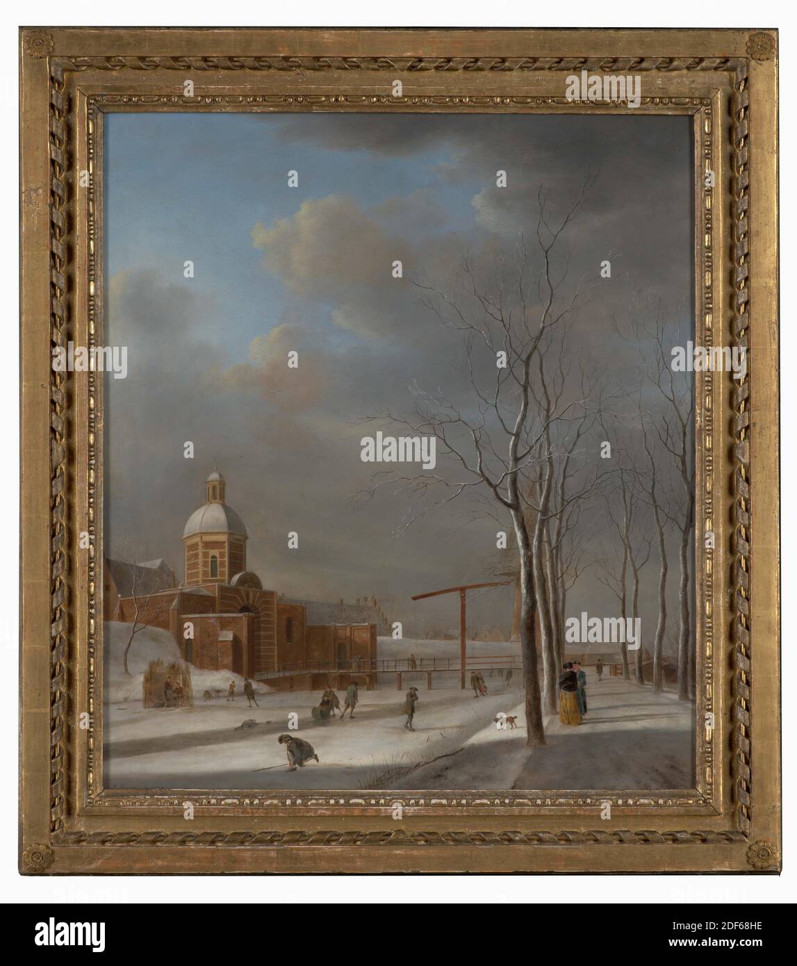 Peinture, Johannes Janson, 1775, Signature avant, en bas à gauche : JO. Janson ft 1775, toile, peinture à l'huile, peinte, support : 49.8 × 43.4 × 1.5cm (498 × 434 × 15mm), avec cadre : 61 × 55.5 × 2.7cm ( 610 × 555 × 27mm), patinage sur glace, paysage d'hiver, canal, femme, chien, paysage urbain, homme, glace, porte de la ville, arbre, pont, Leiden, peinture représentant un paysage urbain de Leiden : paysage d'hiver avec vue sur la Morspoort. Au premier plan, il y a plusieurs personnes sur le canal gelé. Une partie de la neige a été emportée sur la glace du canal, de sorte que les patineurs ont l'espace de skate. Le Morspoort est à la Banque D'Images