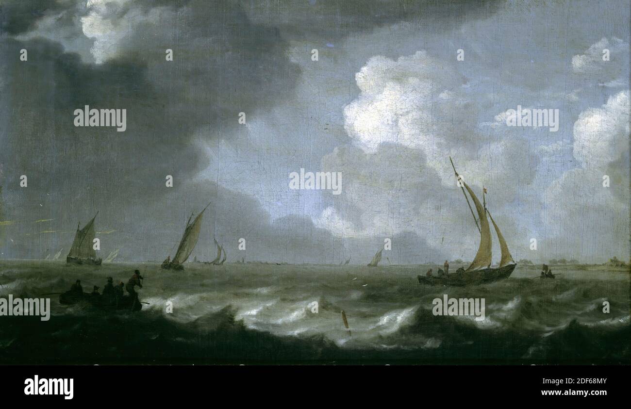 Bateaux de pêche néerlandais en eau brute, peinture, Arnoldus van Anthonissen, XVIIe siècle, façade Signature, bas au centre, sur un poteau: AA, toile, peinture à l'huile, 30 x 51cm, surface de l'eau, voilier, peinture représentant des bateaux à voile sur l'eau bâclée. Sous un ciel gris élevé avec des nuages gris et blancs, à droite du deuxième plan, un navire navigue en direction d'un petit bateau à ramer sur la droite. Dans le premier plan gauche un bateau à ramer avec cinq personnes et trois bateaux à voile arrière. À l'horizon à gauche du centre se trouve un village avec une tour et un moulin, comme indiqué, ainsi que Banque D'Images