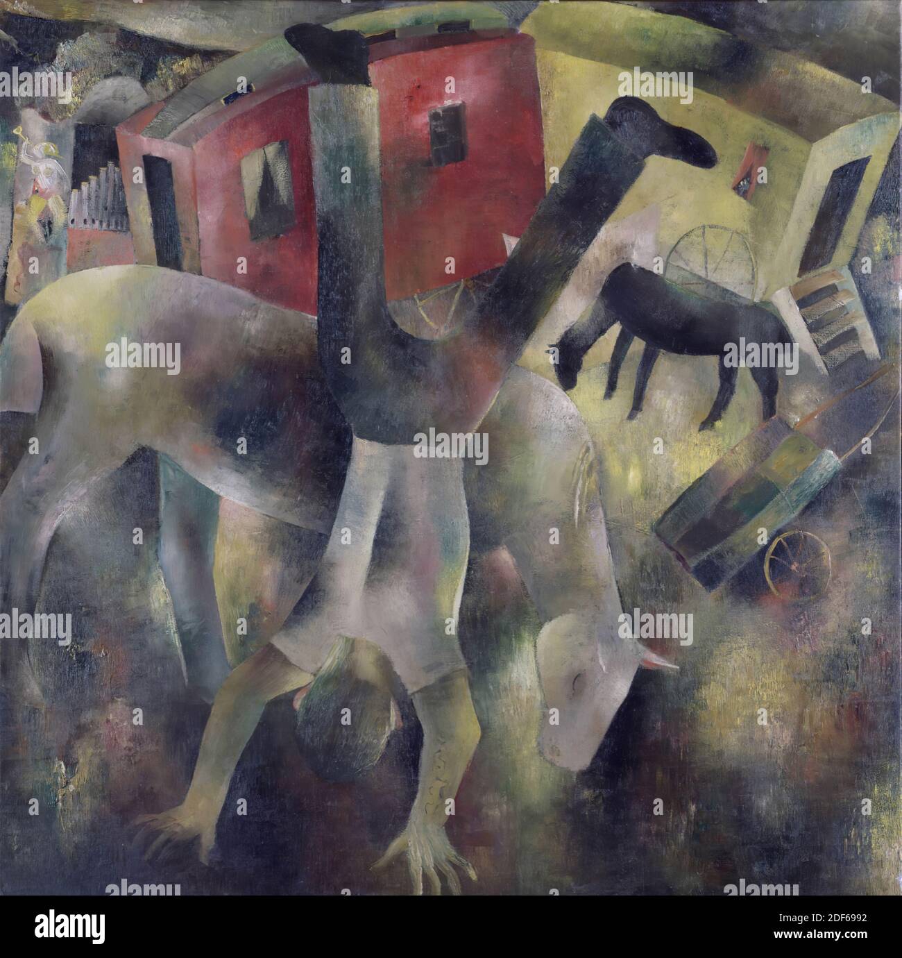 Calèche avec acrobat, peinture, Tinus van Doorn, 1930, toile, peinture à l'huile, peint, porteur: 148 × 148cm 1480 × 1480mm, avec cadre: 153.2 × 153.2 × 4cm 1532 × 1532 × 40mm, animal, calèche, cirque , homme, peinture représentant un cirque. L'illustration montre un chariot de fairground rouge sur la gauche et un chariot de Fairground blanc sur la droite. À la voiture sur la droite se trouve une échelle avec quatre marches. À gauche derrière la voiture rouge se trouve un orgue à canon. Devant les voitures du parc des expositions, il y a une acrobat et deux animaux de cirque paître. L'acrobat, vu de l'arrière, est à l'envers Banque D'Images