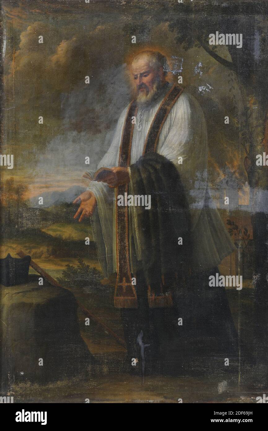 Peinture, Willem van Ingen, fin du XVIIe siècle, Signature avant, en bas à gauche: G. van Ingen f, toile, bois, peinture à l'huile, peinte, avec cadre: 227 x 164 x 4.5cm 2270 x 1640 x 45mm, saint, église, paysage de montagne, livre, homme, pasteur, arbre, plomb, peinture représentant Saint Odulphus, pasteur van Oirschot. Il est debout, tourné de trois quarts à gauche, dans un paysage vallonné. Il tient un livre ouvert dans sa main gauche et indique un personnel avec la droite, qui se trouve à gauche au premier plan à côté de son harnais sur un rocher. Il est presque chauve et porte une barbe Banque D'Images