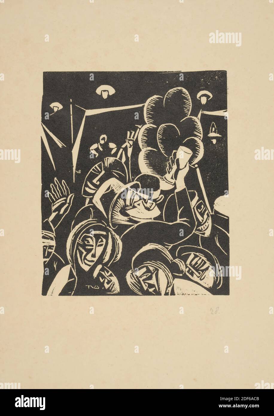 Linoléum coupé, Tinus van Doorn, 1928, Signature avant, en bas à gauche, coupé en représentation: TVD, avant, en bas à droite, en crayon: '28;, encre, papier, imprimé, support: 30 x 20.9cm 300 x 209mm, taille du jour: 31 x 21,7cm 310 x 217mm, avec passe-partie: 42.5 x 30 cm 425 x 300 mm, fête, impression noire d'un trait représentant des personnes de la fête, représenté au maximum jusqu'à leur taille. L'homme au milieu a un verre dans sa main levée. Étant donné le titre à l'occasion de Leiden, le parti a été relevé le 3 octobre. Le titre : 3 oct Leiden est écrit au crayon en bas à droite Banque D'Images