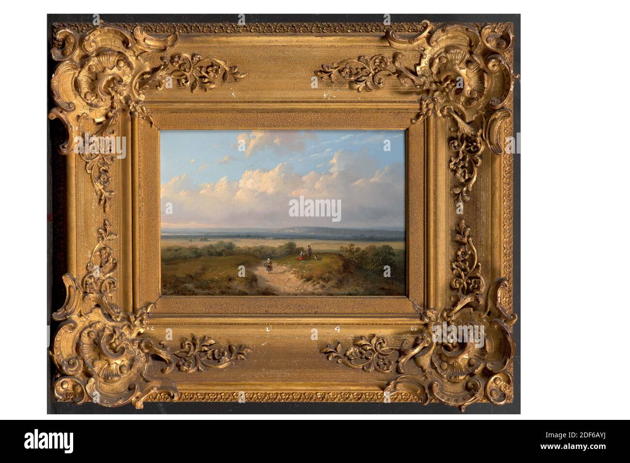 Peinture, Anthonie Jacobus van Wijngaerdt, 1851, Signature avant, en bas à gauche: A.J. v. Wijngaerdt fe, panneau, peinture à l'huile, peint, support: 16.7 × 24.4 × 1cm 167 × 244 × 10mm, avec cadre: 36.5 × 43.8 × 5cm 365 × 438 × 50mm, paysage, femme, chien, homme, chasseur, peinture représentant un paysage vallonné. Une route de terre coule au milieu du premier plan. Il y a une femme sur la route de la terre. Un peu à droite, un homme et une femme sont assis avec un chasseur debout avec un chien. Le canon du chasseur dépasse de lui. Une crête bleu ciel s'élève sur des arbres bas et une plaine ensoleillée. Signé en bas à gauche Banque D'Images