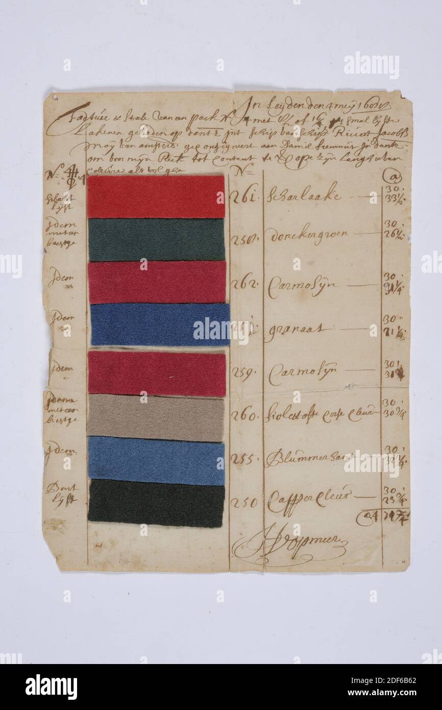 Facture, anonyme, 4 mai 1688, feuille, encre, papier, écrit, facture sur laquelle huit échantillons de feuille numérotés sont collés avec indication de couleur et dimensions à fournir. Au-dessus des échantillons est un texte commençant par dans Leyden den 4 meijj 1688 et au bas est une signature de H. Opmeer, général: 22.8 x 17,5 cm 228 x 175 mm Banque D'Images