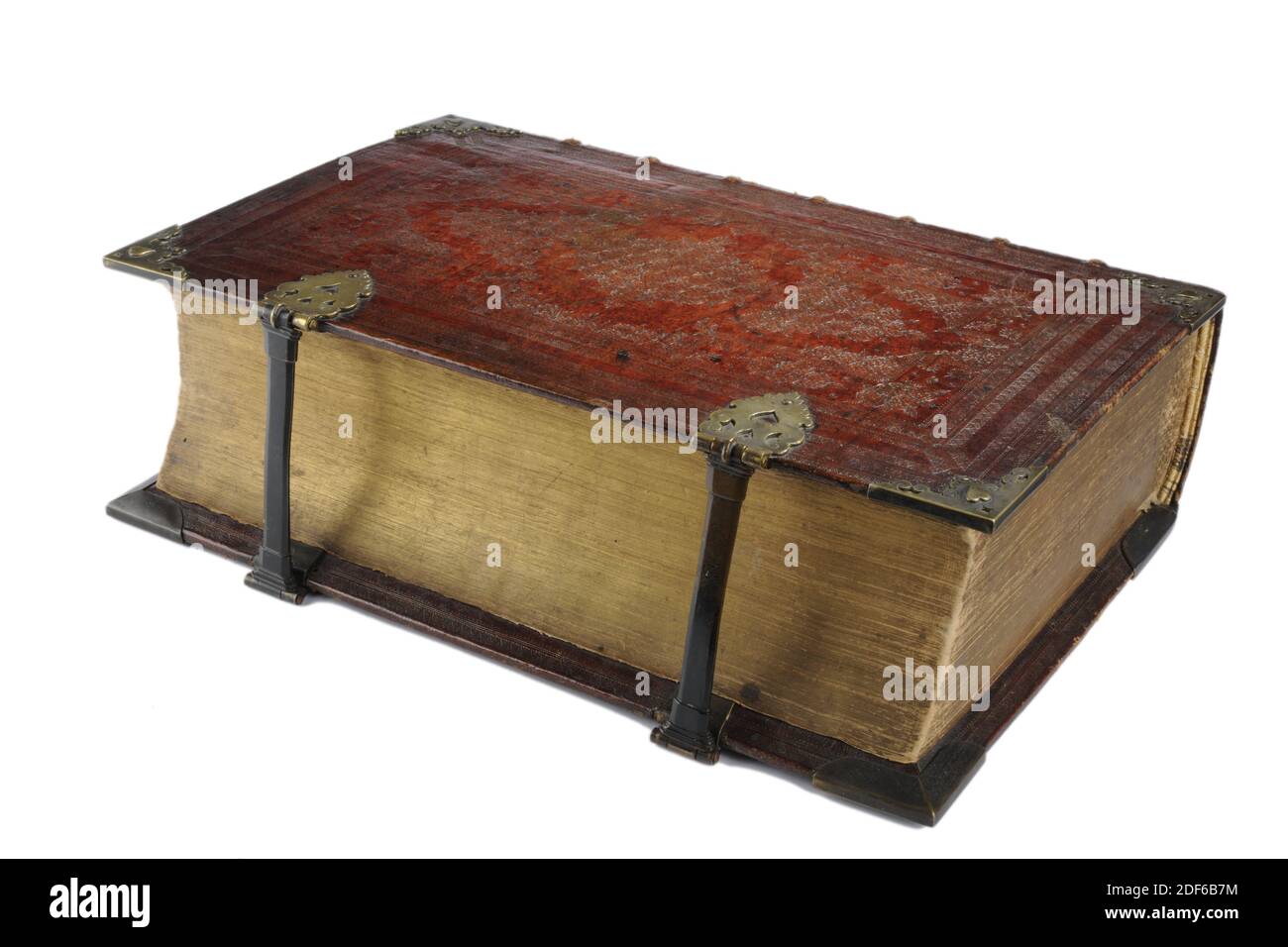 Livre, 1663, cuir, papier, laiton, fermé: 53.4 x 34.7 x 16cm 534 x 347 x 160mm, bouquet de raisins, représentation biblique, bâtiment, paysage urbain, homme, arbre, Bible des Etats Folio de 1663 publié par la veuve et les héritiers de Johan. Elzevier, Leiden, en cuir rouge marocain, bracelet en cuir Magnus richement doré avec coins et verrous en laiton. Sur la page de titre se trouve le texte BIBLIA qui est, DE GANTSCHE HEYLIGE SCHDIFTURE contenant TOUS LES CANONIJCKE BOECKEN de l'ANCIEN ET DU NOUVEAU TESTAMENT. Par le dernier Hoogh-Mog. Heeren STATEN GENERAEL des pays-Bas, et selon le décret du Banque D'Images