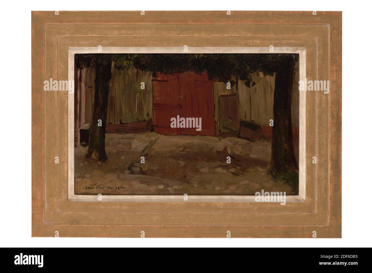 Peinture, Floris Verster, 1902, Signature avant, en bas à gauche: Floris Verster 1902, panneau, peinture à l'huile, peint, porteur: 29.5 × 45.7 × 0.3cm (295 × 457 × 3mm), avec cadre: 45 61.2 × 3.4cm (450 × 612 × 34mm), vue village, bâtiment, étude, arbre, borger, Etude d'une grange à Borger. La porte en bois marron de la grange est visible au milieu de la représentation. Il y a une brouette à droite de la porte. Au premier plan à gauche et à droite se trouvent les arbres devant le hangar. Les troncs et le bord inférieur des feuilles des arbres peuvent être vus. Signé en bas à gauche Banque D'Images