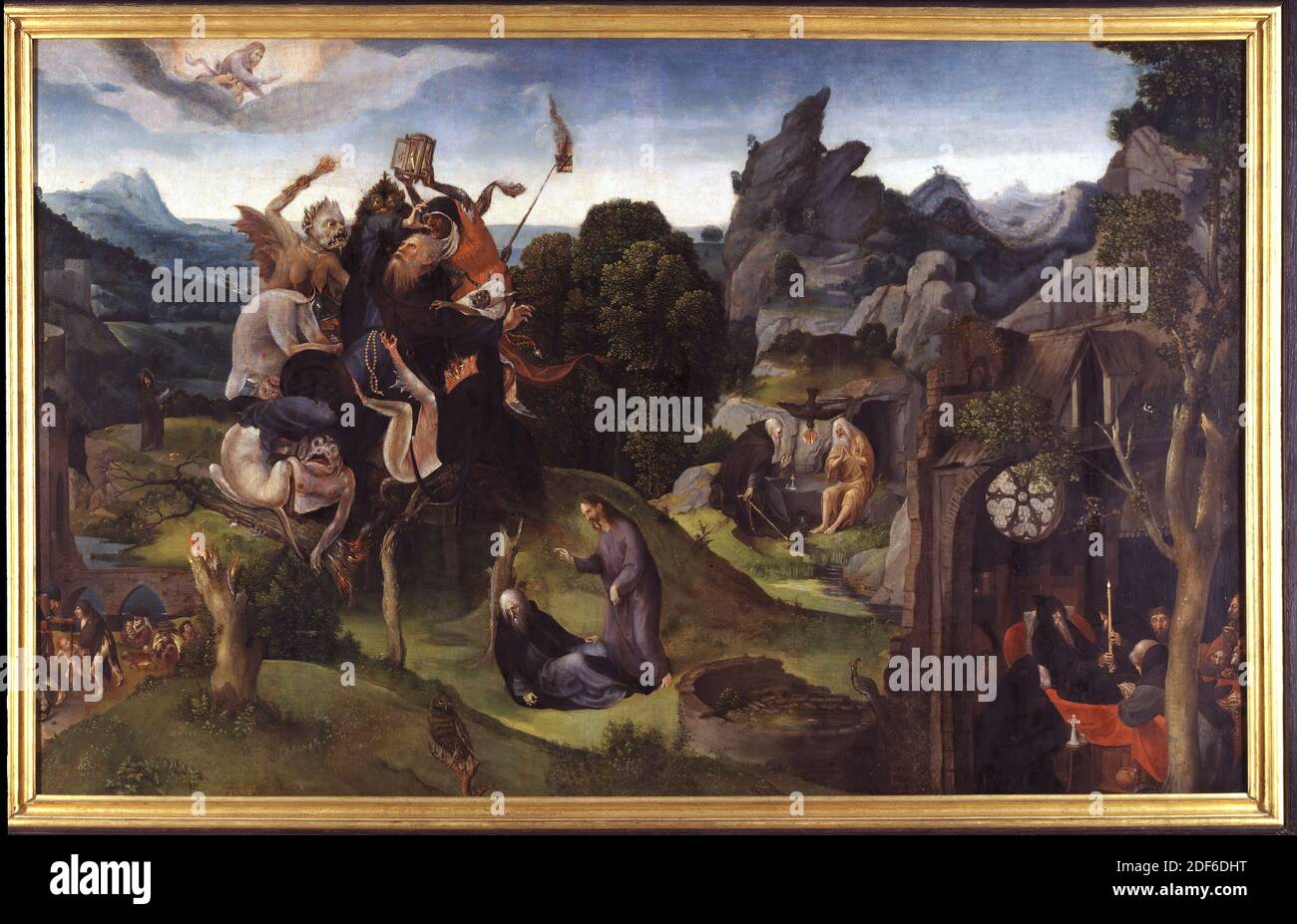 peinture, env. 1530-1535, panneau, peinture à l'huile, peint, général (dimensions selon le catalogue 1983): 66 × 106,5cm (660 × 1065mm), avec cadre: 85.9 × 126.4 × 4, 2cm (859 × 1264 × 42mm), saint, diable, paysage, oiseau, christ, pièce de genre représentant une écurie avec des vaches. Dans un stand stable et se trouvent huit vaches sur la gauche, dont une femme de ménage laitera la première. Elle tient un seau par la poignée de sa main gauche. Sur la droite se trouve une cheminée, devant laquelle deux fumeurs sont assis, parlant à la femme d'un agriculteur qui se tient près du feu avec son enfant sur le bras. Verrerie et vaisselle Banque D'Images