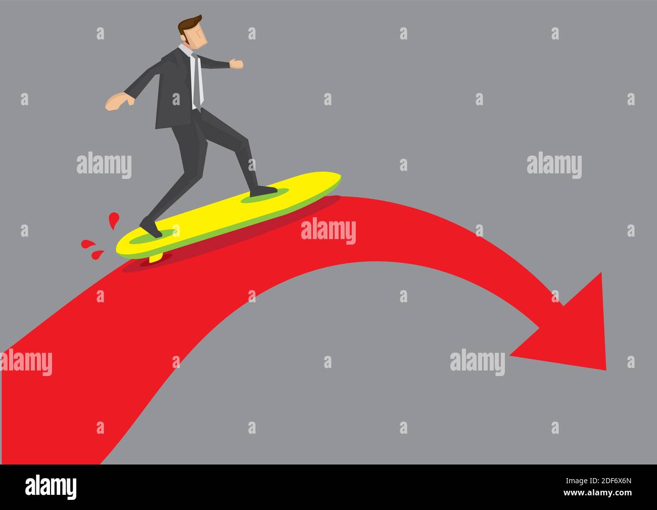 Dessin animé cadre d'affaires sur une planche de surf arrivant au point d'arrêt d'une flèche rouge audacieuse. Illustration vectorielle créative pour le concept sur b Illustration de Vecteur