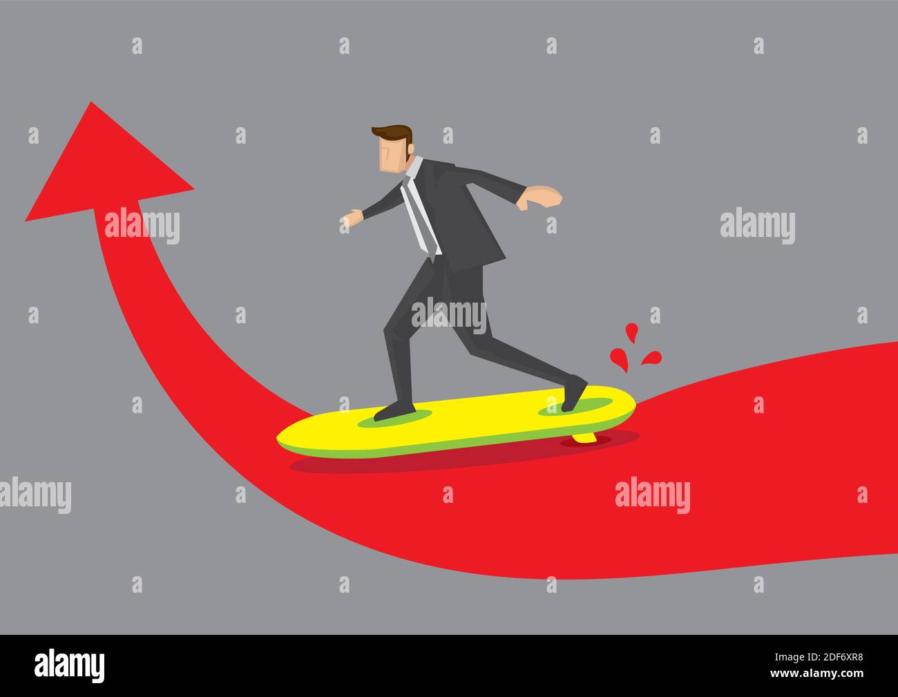 Dessin animé cadre d'affaires sur une planche de surf arrivant au point tournant d'une flèche rouge audacieuse. Illustration vectorielle créative du concept sur le turnin Illustration de Vecteur