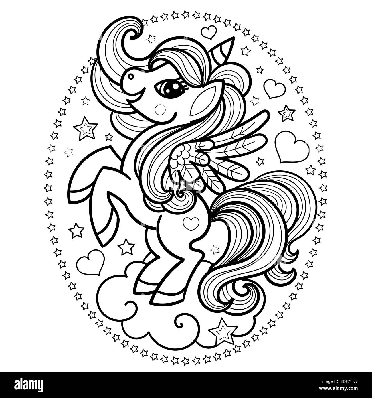 UNICORN sur un nuage. Animal magique. Noir et blanc, monochrome. Pour la conception d'imprimés, d'affiches, de cartes, de livres vectoriels Illustration de Vecteur