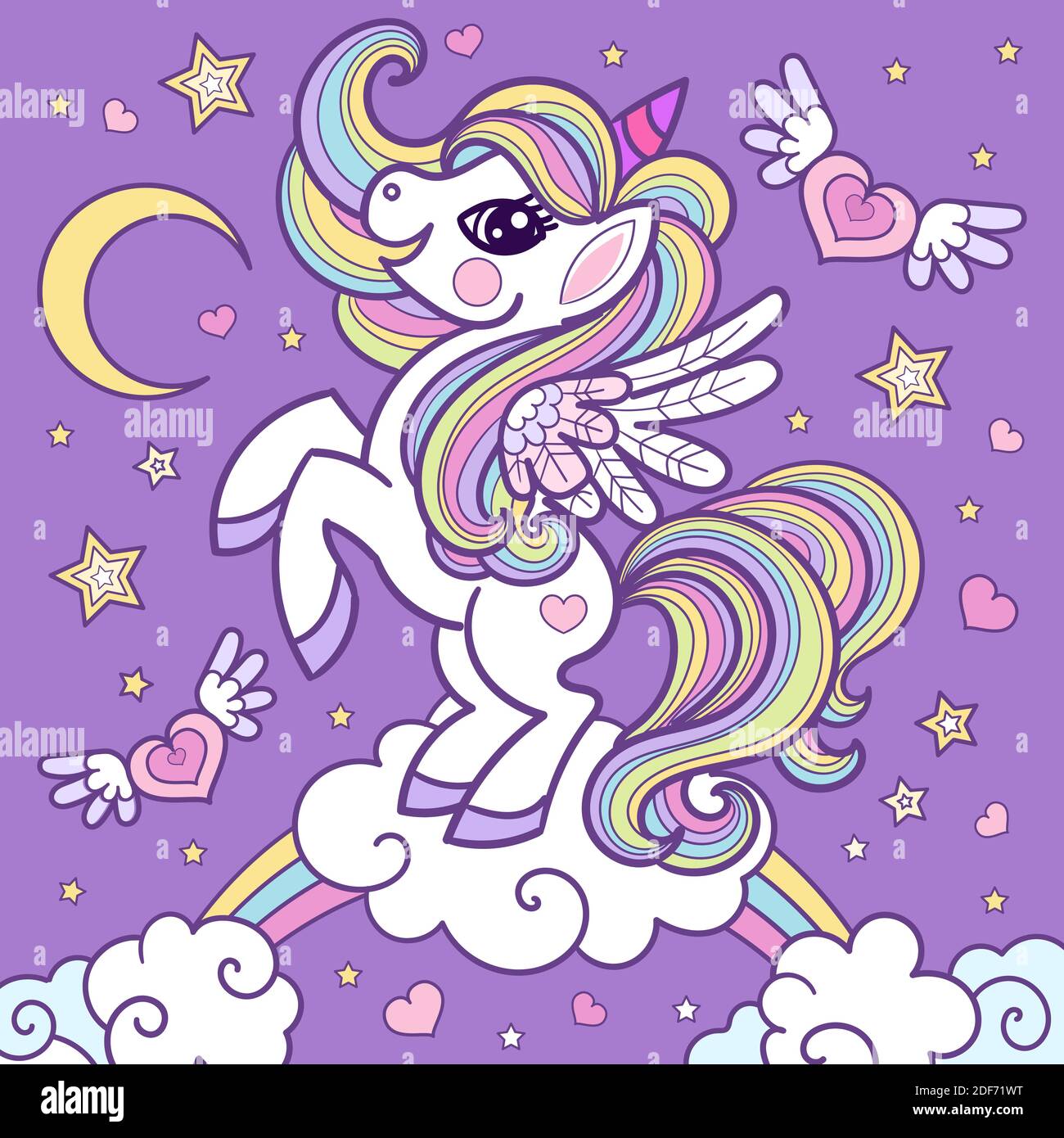 Dessin animé unicorn dansant sur un arc-en-ciel. Mignon animal fantastique. Pour les imprimés, les affiches, les cartes, les autocollants et les badges pour enfants. Vecteur Illustration de Vecteur