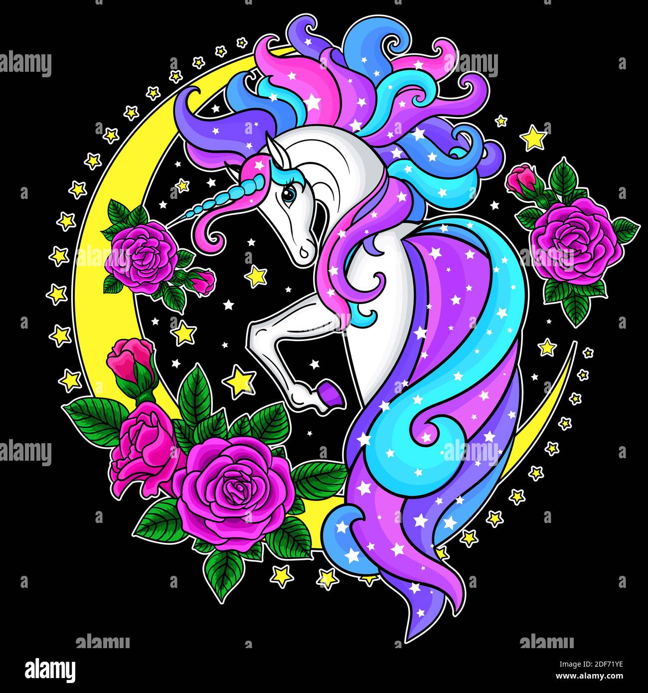licorne blanche avec une manie arc-en-ciel sur la lune avec des roses sur fond noir. Animal fantaisie. Pour la conception de tirages, affiches, cartes postales, autocollants Illustration de Vecteur