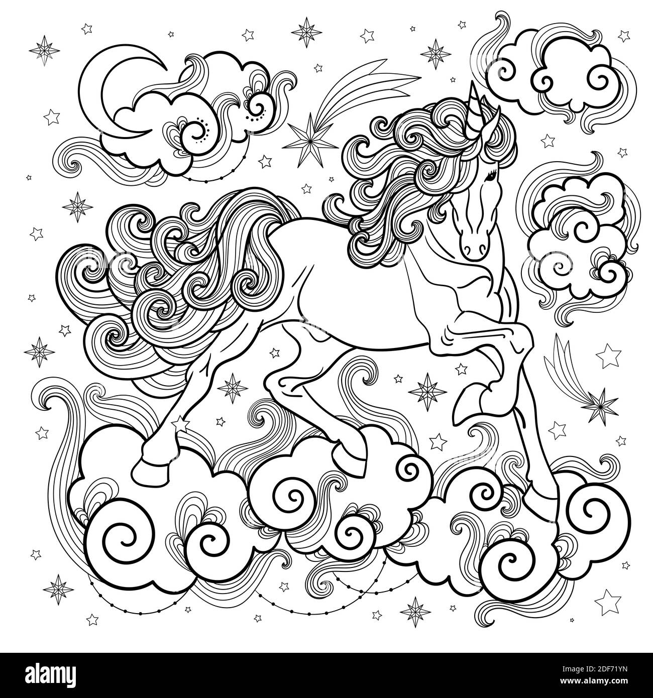 Une belle licorne parmi les nuages et les étoiles. Image en noir et blanc. Style dessiné à la main. Vecteur d'esquisse monochrome. Pour colorier, imprimer, poster Illustration de Vecteur