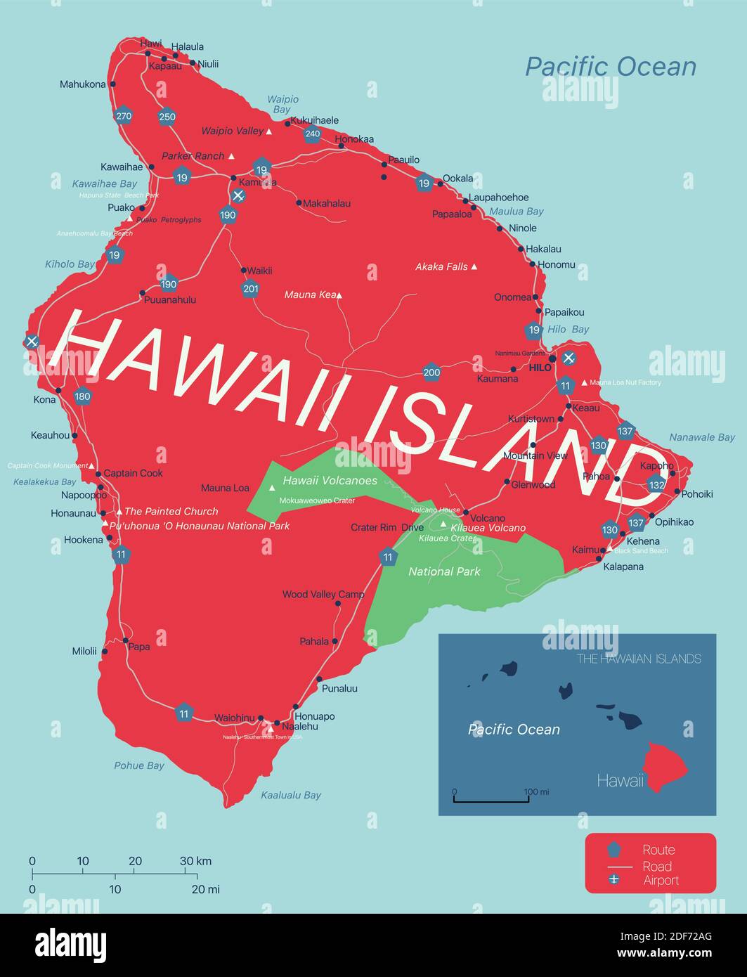 Grande île d'Hawaï carte modifiable détaillée avec des villes, des sites géographiques, des routes, des chemins de fer, des autoroutes et des autoroutes américaines. Vector EPS-10 fi Illustration de Vecteur