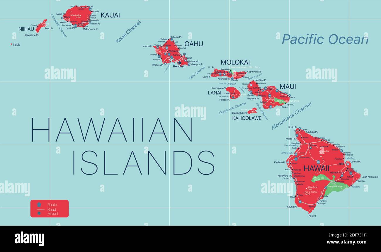 Carte modifiable détaillée de l'État d'Hawaï avec villes et villes, sites géographiques, routes, chemins de fer, autoroutes et autoroutes américaines. Fichier vectoriel EPS-10, t Illustration de Vecteur