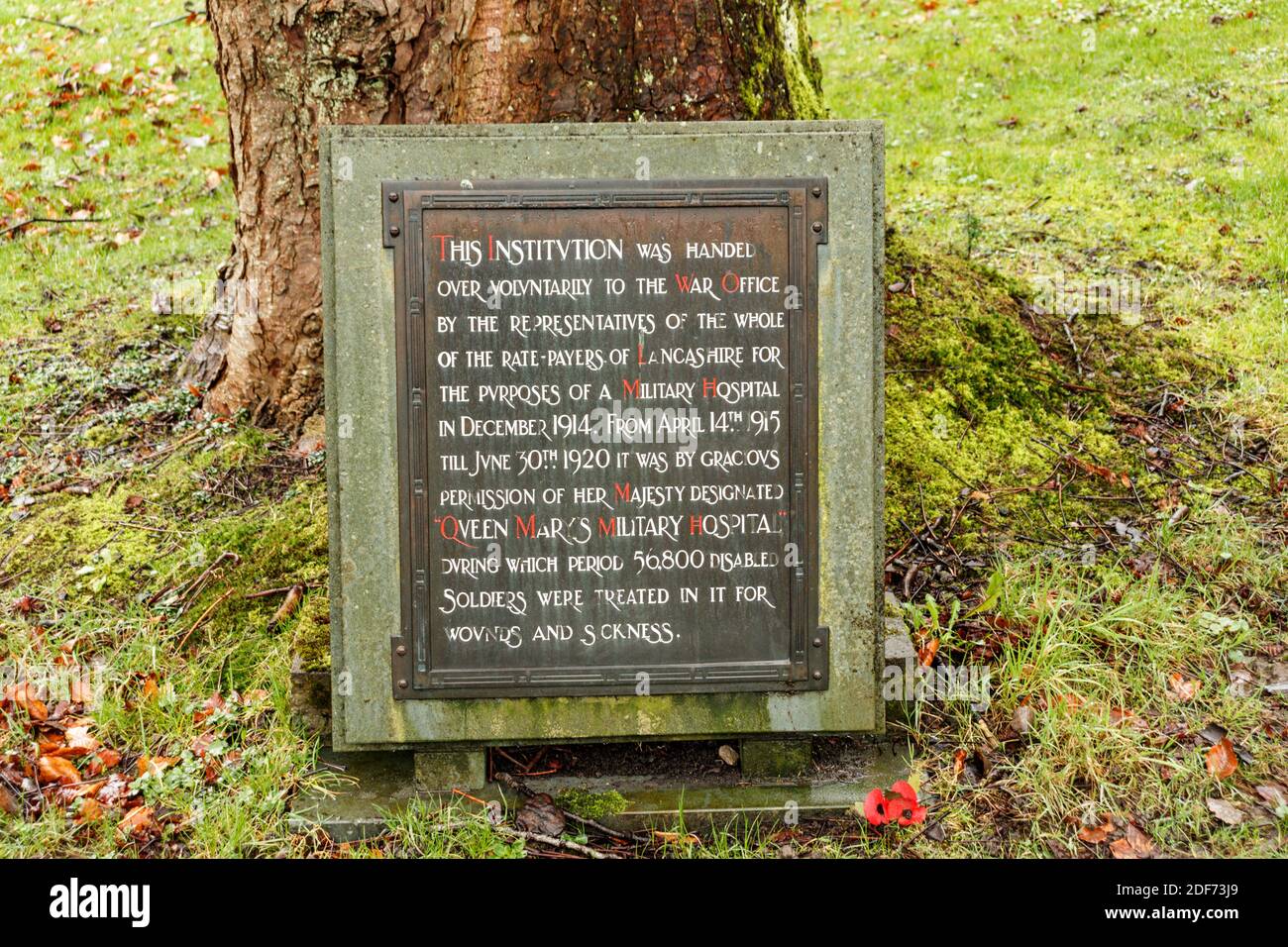 Plaque de l'hôpital militaire Queen Mary's, Whalley, Lancashire. Banque D'Images