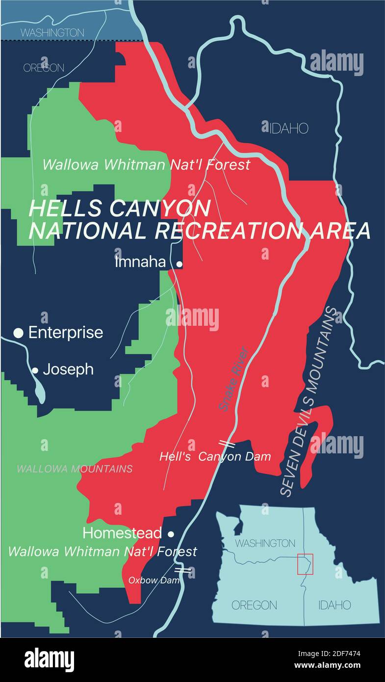 Carte modifiable de Hells Canyon avec villes et sites géographiques. Fichier vectoriel EPS-10, schéma de couleurs tendance Illustration de Vecteur