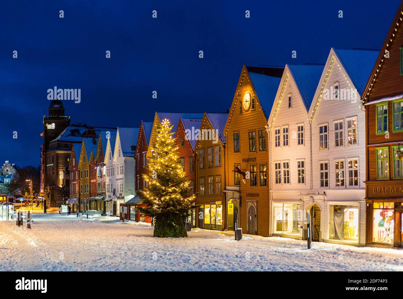 Arbre de Noël sur Bryggen à Bergen, Norvège Banque D'Images