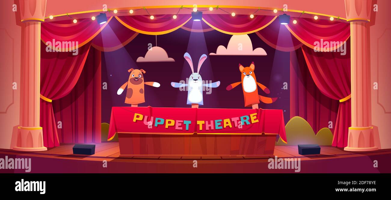 Spectacle de marionnettes sur scène de théâtre avec rideaux rouges et spots. Dessin animé vectoriel de théâtre pour enfants avec des marionnettes. Scène en bois avec jouets animaux sur les mains Illustration de Vecteur