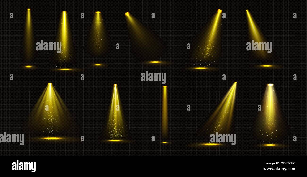 Lumières de scène, faisceaux de spot jaune avec des étincelles d'or, éléments lumineux pour scène de studio ou de théâtre, rayons de lampe pour concert, spectacle, présentation isolée sur fond noir, ensemble de vecteur 3d réaliste Illustration de Vecteur