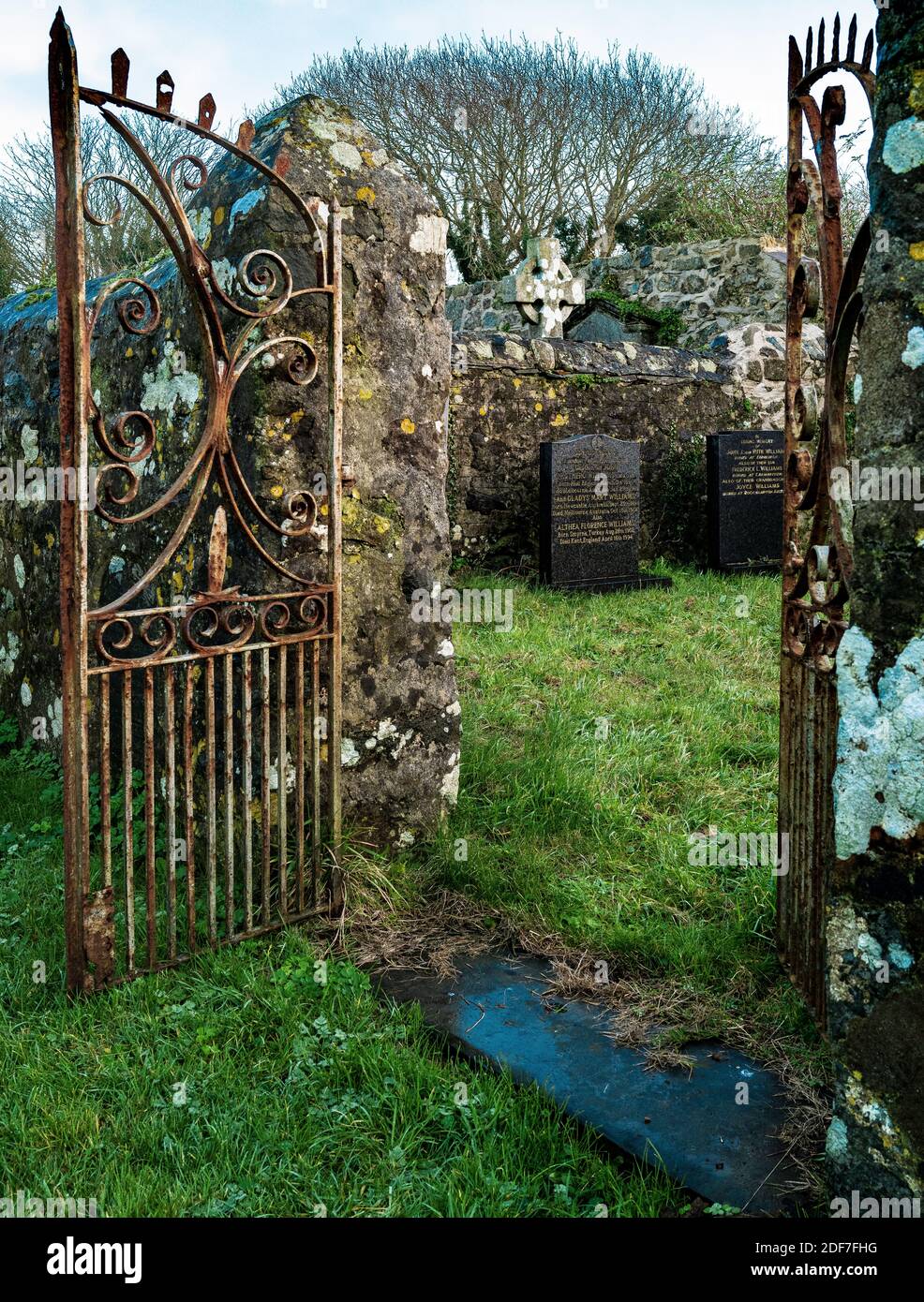 Ancien cimetière de l'église St Gwynda, dans l'ouest du pays de Galles en hiver Banque D'Images