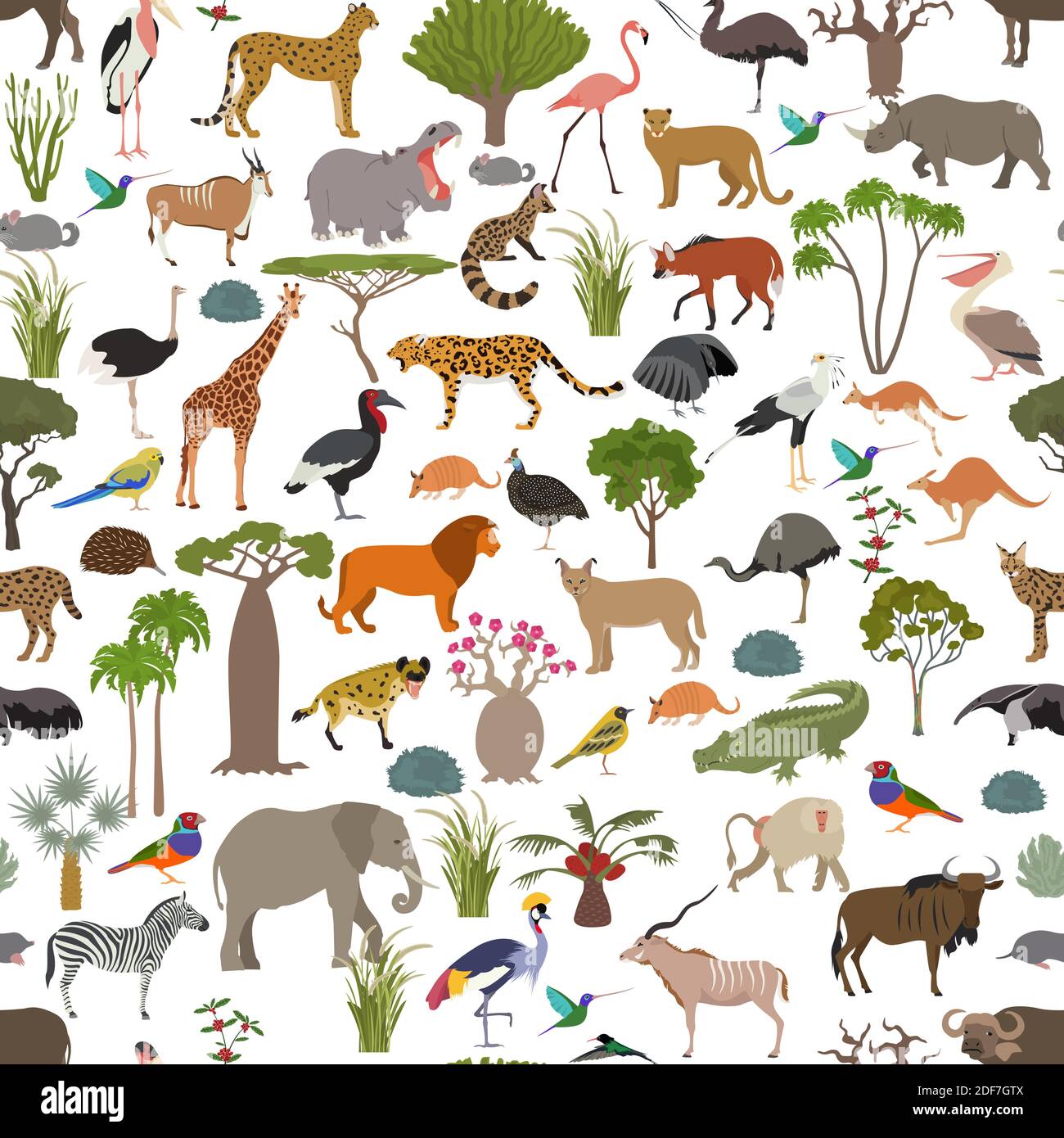 Savane arborée et biome de savane herbeuse, région naturelle sans couture. Savane des bois et des prairies, prarie, pampa. Animaux, oiseaux et végétations Illustration de Vecteur