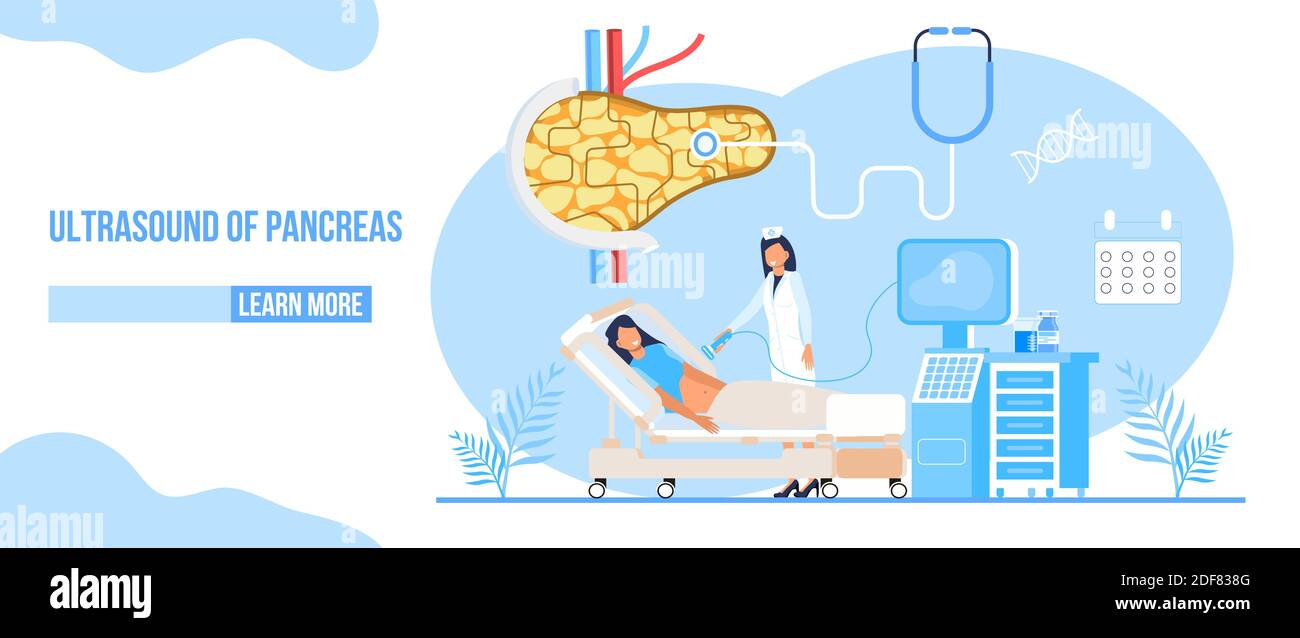 Échographie du pancréas les médecins examinent, traitent la pancréatite. Stéthoscope, calendrier sur fond bleu. Concept plat de soins de santé pour la page d'arrivée, W Illustration de Vecteur