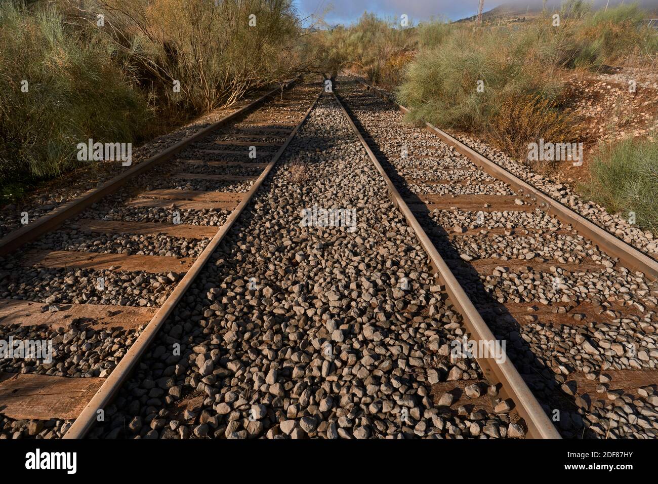 Deux voies de train abandonnées ou hors service à la gare de Bobadilla à Antequera, Malaga. Andalousie, Espagne Banque D'Images