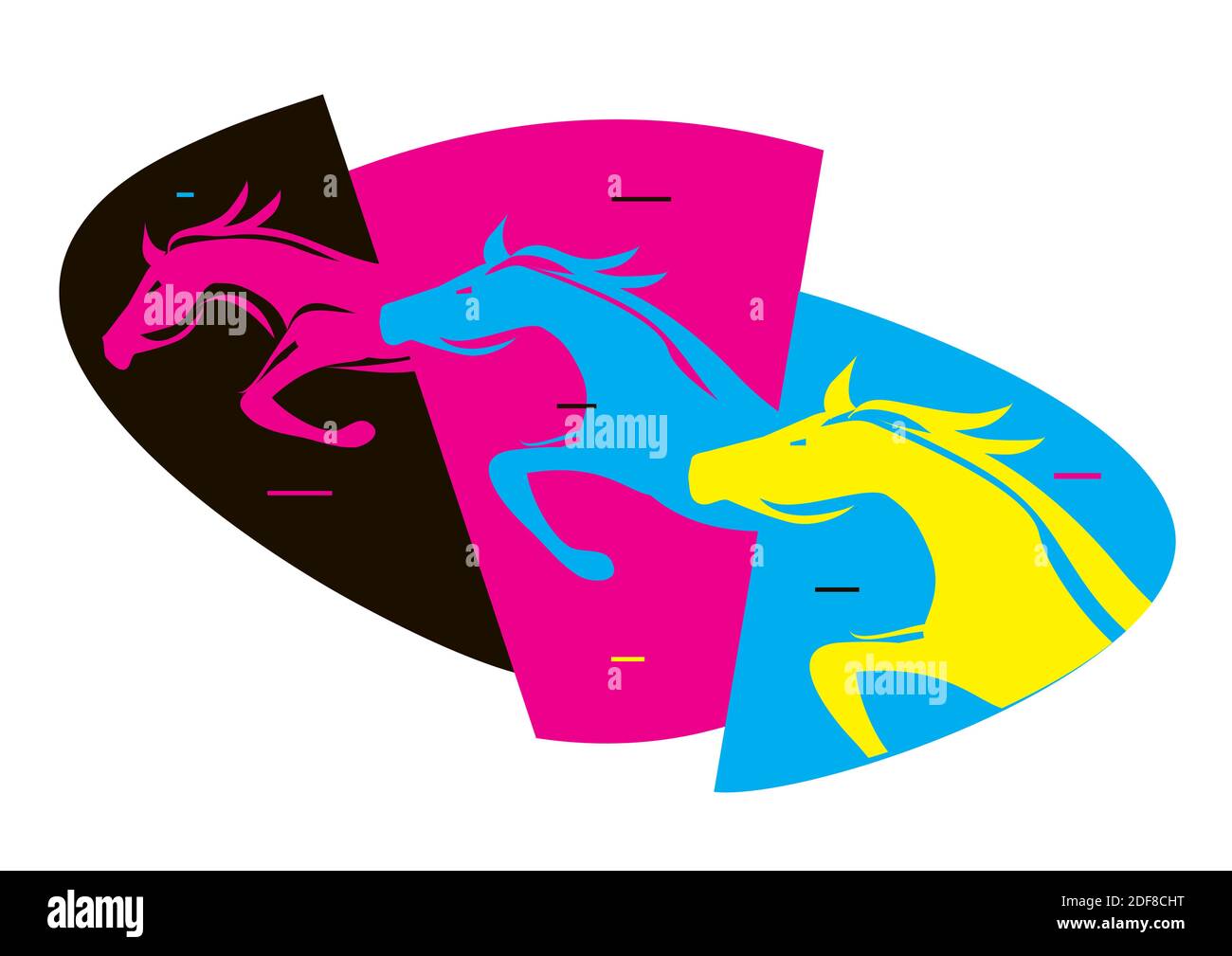 Concept d'impression rapide, trois chevaux de saut. Chevaux dans les couleurs du modèle de couleur CMJN. Concept de présentation de l'impression couleur. Vecteur disponible. Illustration de Vecteur