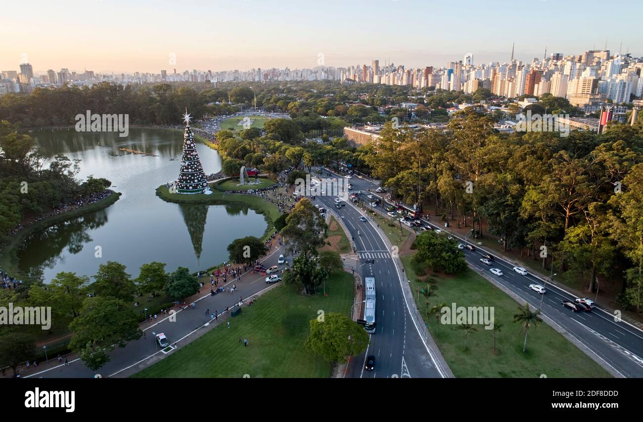 Vue aérienne de la ville de Sao Paulo et arbre de Noël traditionnel dans le parc Ibirapuera. Zone de préservation de l'environnement avec arbres et zone verte à Ibirapue Banque D'Images