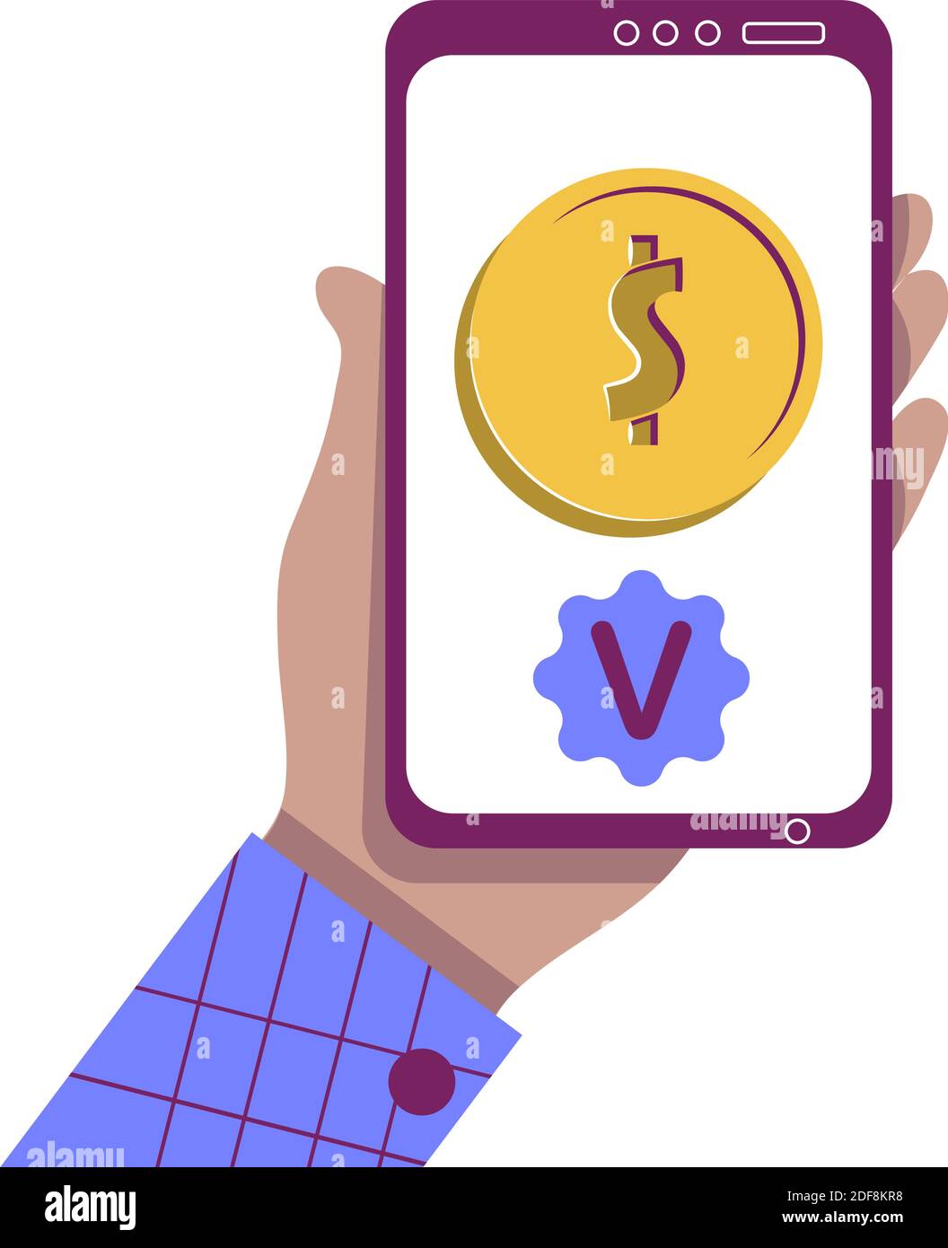 Illustration du concept paiement accepté. Main avec un smartphone. Pièce de monnaie en dollars et coche de la transaction réussie. Vecteur de dessin animé isolé pour les applications mobiles, les services bancaires ou de vente au détail. Illustration vectorielle Illustration de Vecteur