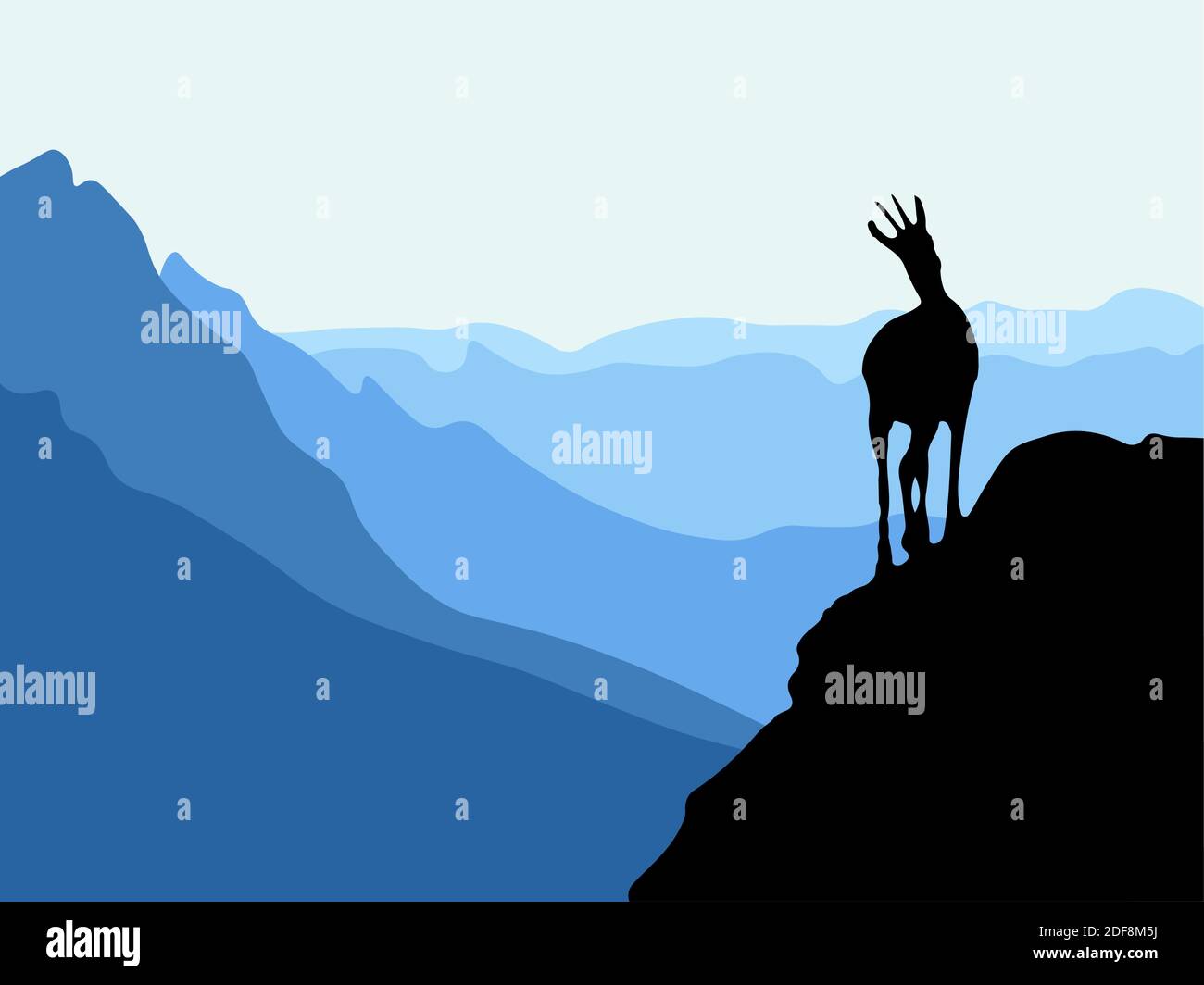 Un chamois se tient au sommet d'une colline avec des montagnes en arrière-plan. Silhouette noire avec fond bleu. Illustration vectorielle. Illustration de Vecteur