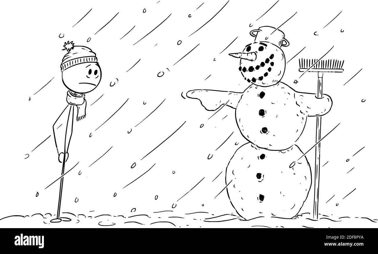 Vecteur dessin animé bâton figure illustration de l'homme frustré regardant se moquer riant bonhomme de neige pointant vers lui. Illustration de Vecteur