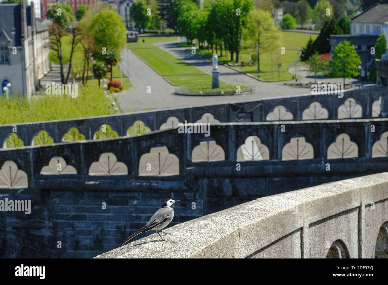 La basilique notre-Dame-du-Rosaire de Lourdes et ses environs sont vides à Lourdes, en France, le 10 avril 2020, car le site de pèlerinage catholique a été fermé au public en raison du vingt-quatrième jour d'un strict confinement à travers la France pour tenter d'arrêter la propagation du COVID-19, causé par le nouveau coronavirus. Lourdes est sur le point de vivre une semaine de Pâques sans précédent, sans fidèles. Photo de Thibaud Moritz/JMP/ABACAPRESS.COM Banque D'Images