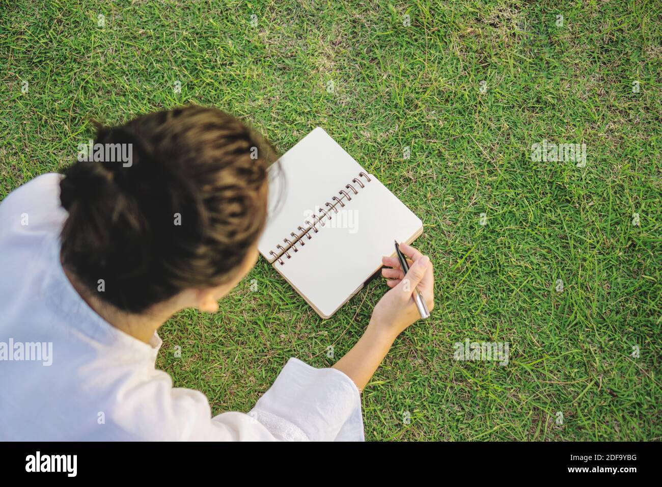 Femme écrivant sur un carnet dans un parc public avec de l'herbe de champ. Vue arrière vers le bas. Banque D'Images