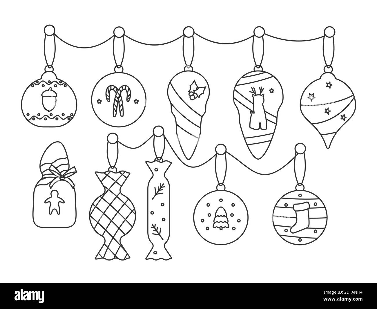 Ensemble de décorations pour boules de sapin de Noël. Noir contour jouet de Noël, décorations de vacances icicle, boule de bonbons. Célébration du concept de la nouvelle année. Décoration sobre et rétro aux arbres de Noël. Isolé sur une illustration vectorielle blanche Illustration de Vecteur