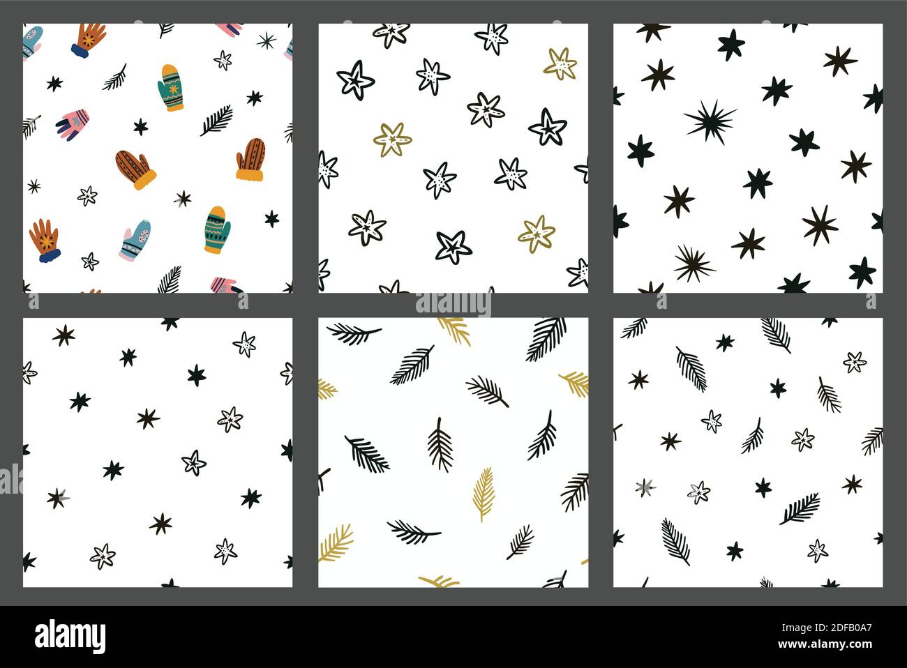 Ensemble de jolis motifs sans couture avec étoiles, branches en pin et moufles de style scandi. Illustration de Vecteur