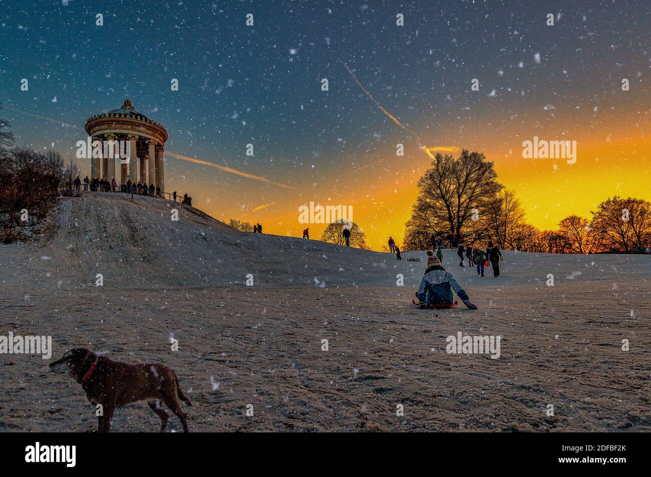 S'amuser au traîneau, les enfants et les familles sont des luge sur la colline du monopteros dans le jardin anglais de Munich, en allemagne. Banque D'Images