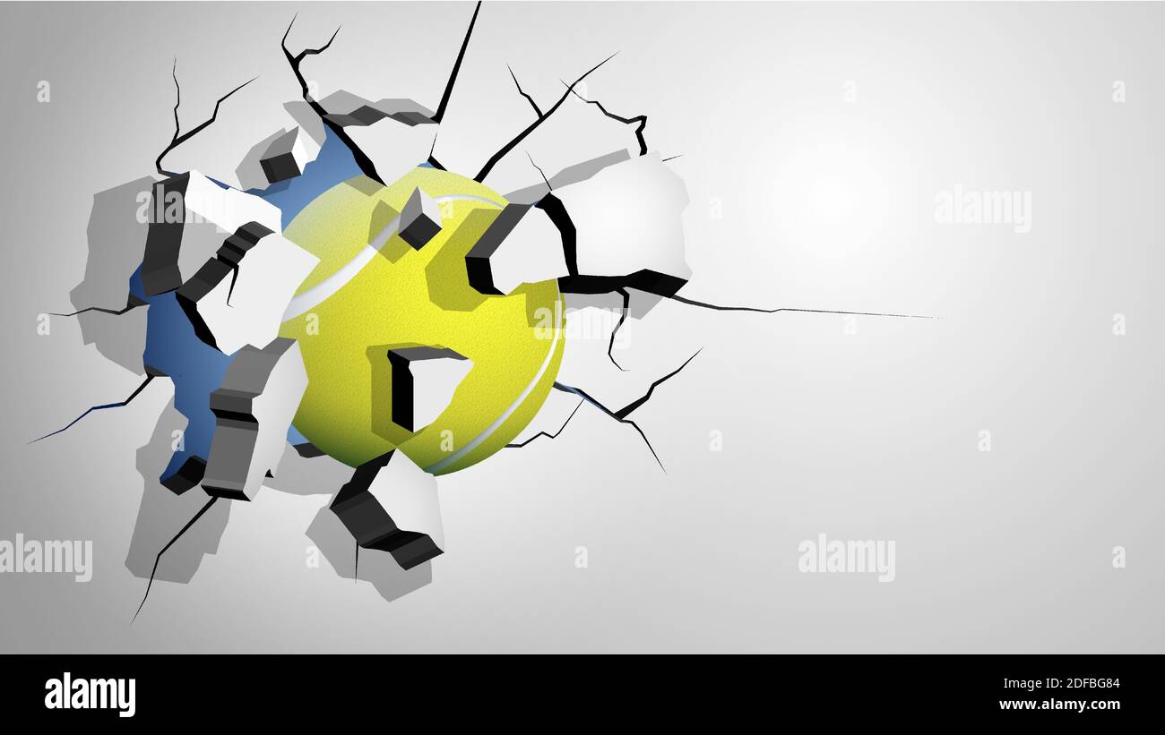 la balle de tennis poinçonnée à travers le mur et se brise en éclats, fissures sur le mur. Infliger des dommages importants. Vecteur Illustration de Vecteur