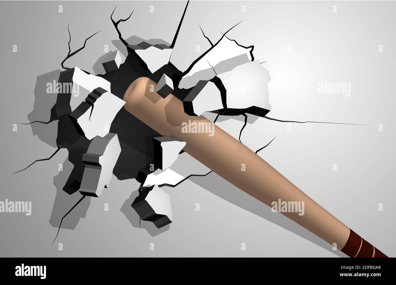 la batte de baseball en bois de sports brise le mur en éclats, fissures sur le mur. Infliger des dommages importants. Vecteur Illustration de Vecteur